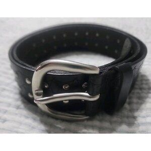 Fossil Black Leather Belt Size Medium Silver Color Buckle And  Studded Stamp Des